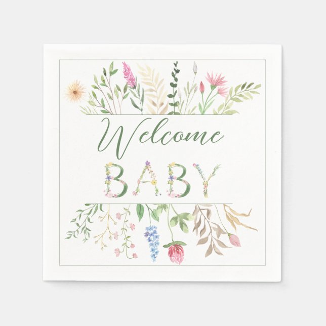 Floral Watercolor Alphabet Baby Shower Baby Shower Napkins (Front)