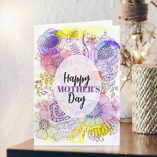  Floral Watercolor and Ink Line Art Mothers Day Card