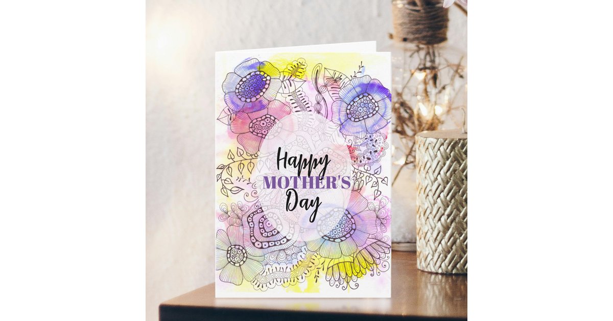 Floral Watercolor and Ink Line Art Mother's Day Card | Zazzle