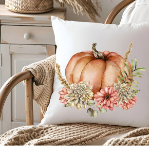 Floral Watercolor Autumn Fall Pumpkin Throw Pillow