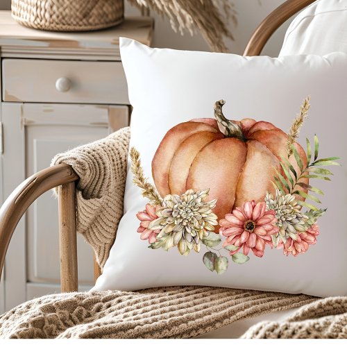 Floral Watercolor Autumn Fall Pumpkin Throw Pillow