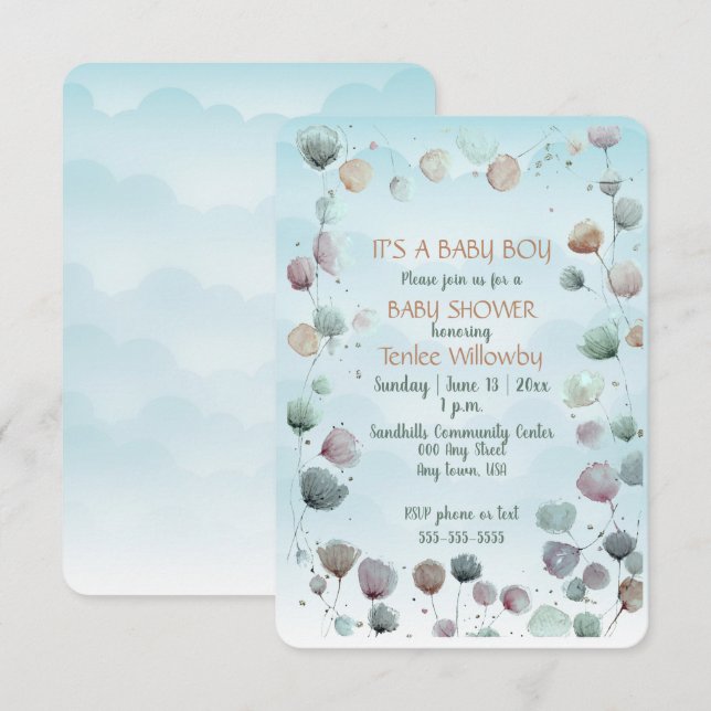 Floral Watercolor Baby Boy Shower Invitation (Front/Back)