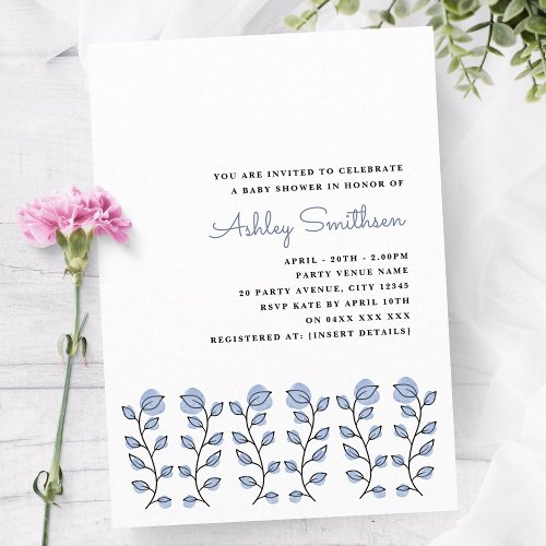 Floral Watercolor Baby Shower Blue Invitation
