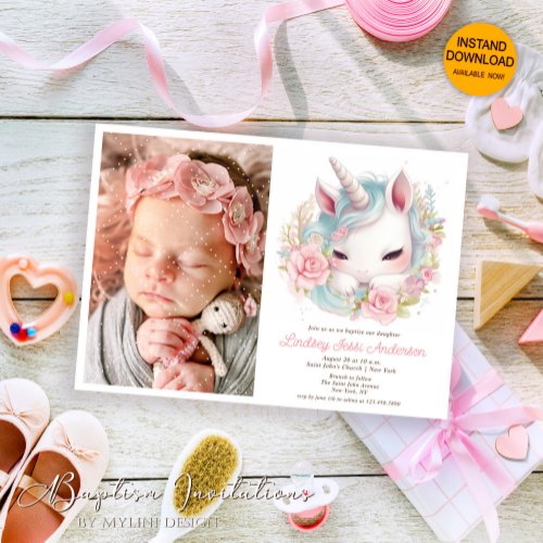 Floral Watercolor Baby Unicorn Photo Girl Baptism Invitation