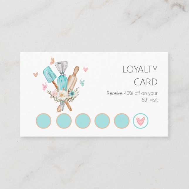 Floral Watercolor Bakery utensils Loyalty Card (Front)