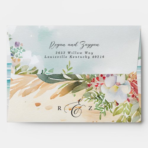 Floral Watercolor Beach Scene Summer Wedding Envelope