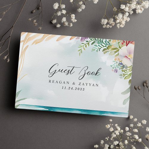 Floral Watercolor Beach Scene Summer Wedding Guest Book