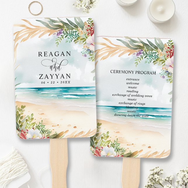 Floral Watercolor Beach Scene Summer Wedding Hand Fan (Creator Uploaded)