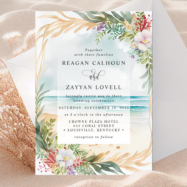 Floral Watercolor Beach Scene Summer Wedding Invitation | Zazzle