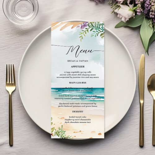 Floral Watercolor Beach Scene Summer Wedding Menu