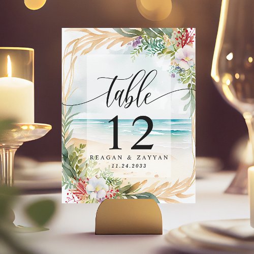 Floral Watercolor Beach Scene Summer Wedding Table Number