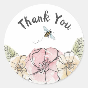 Floral Watercolor Bee Thank You Classic Round Sticker