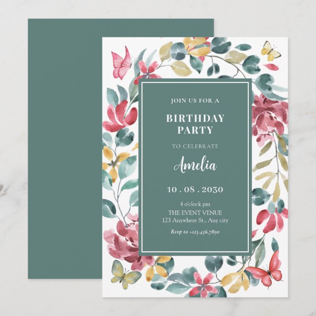 Floral watercolor birthday invitation (Front/Back)