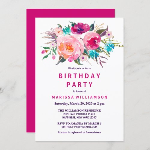 Floral Watercolor Birthday Party Invitation Card