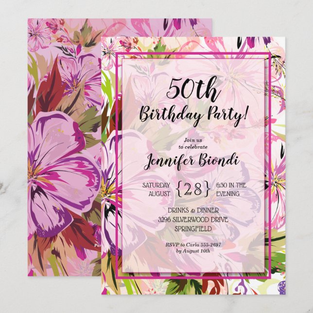 Floral Watercolor Birthday Party Invitations (Front/Back)