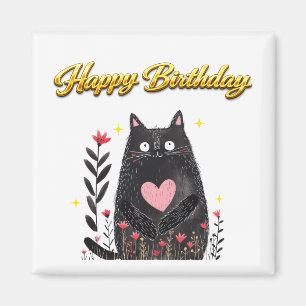 Floral Watercolor Black Cat Pink Heart Birthday Magnet
