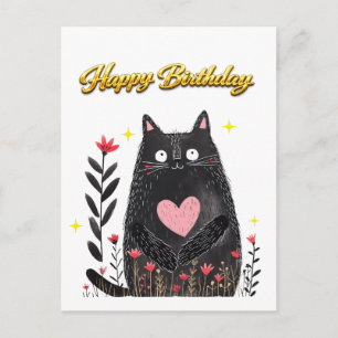Floral Watercolor Black Cat Pink Heart Birthday Postcard