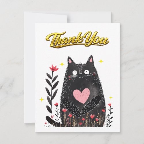 Floral Watercolor Black Cat with Heart Thank You Card
