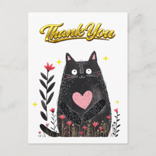 Floral Watercolor Black Cat with Heart Thank You Postcard