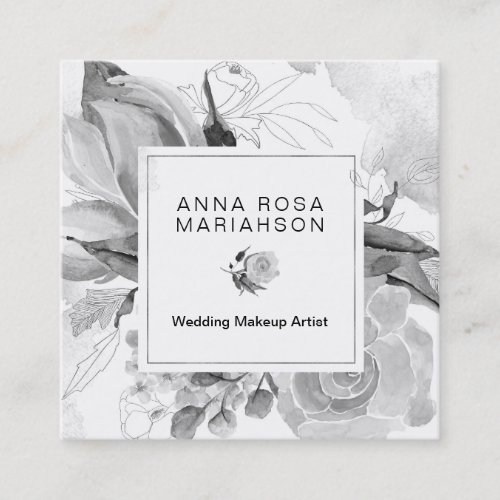  Floral Watercolor Black White Gray Bouquet Square Business Card