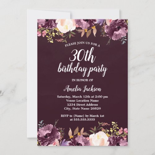 Floral Watercolor Bloom Purple 30th Birthday Party Invitation