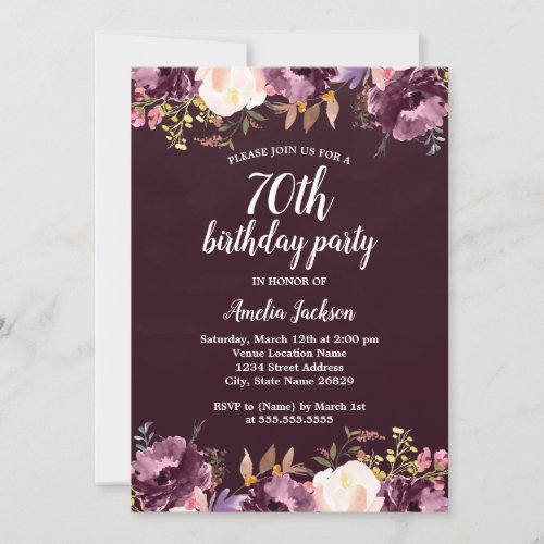 Floral Watercolor Bloom Purple 70th Birthday Party Invitation