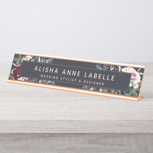 Floral Watercolor Blossoms Dark Navy Graphite Desk Name Plate