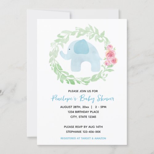 Floral Watercolor Blue Elephant Baby Shower Invitation