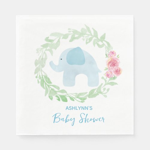 Floral Watercolor Blue Elephant Baby Shower Napkins