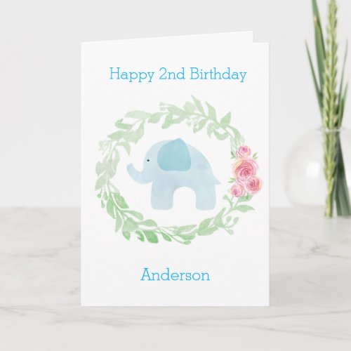 Floral Watercolor Blue Elephant Kids Birthday Card