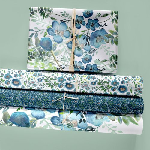 Floral Watercolor Blue Gift Wrapping Paper Sheets