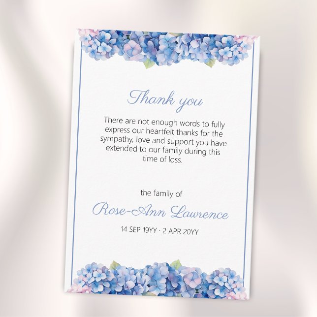 Floral watercolor blue hydrangea funeral thank you card (Funeral thank you card from family with floral botanical design. Blue and purple hydrangea)