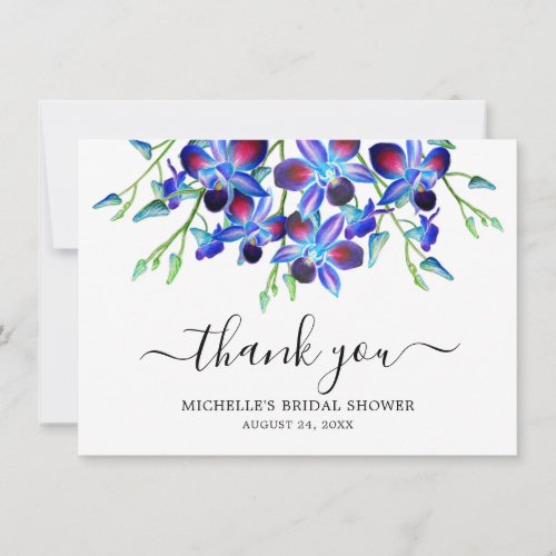 Floral Watercolor Blue Orchids Bridal Shower Name Thank You Card