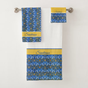 Floral Watercolor Blue Yellow Monogram Bath Towel Set