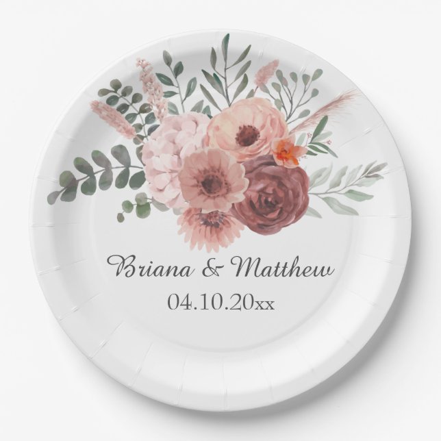 Floral Watercolor Blush Beige Wedding Paper Plates (Front)