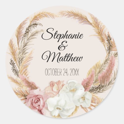 Floral Watercolor Blush Boho Pampas Palm Earthy  Classic Round Sticker