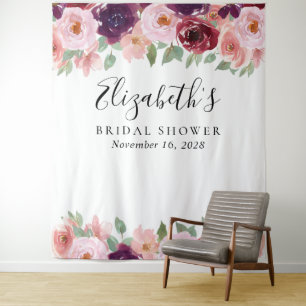 Floral Watercolor Blush Burgundy Bridal Shower Tapestry