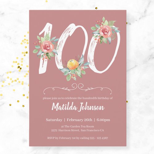 Floral Watercolor Blush Pink 100th Birthday Party  Invitation