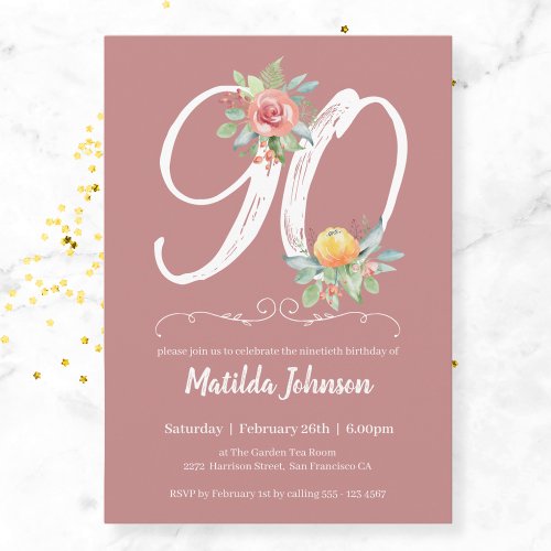 Floral Watercolor Blush Pink 90th Birthday Party  Invitation