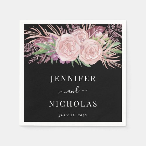 Floral Watercolor Blush Pink Black Wedding Napkins