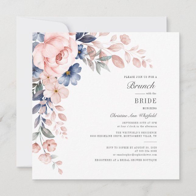 Floral Watercolor Blush Pink Foliage Bridal Brunch Invitation (Front)
