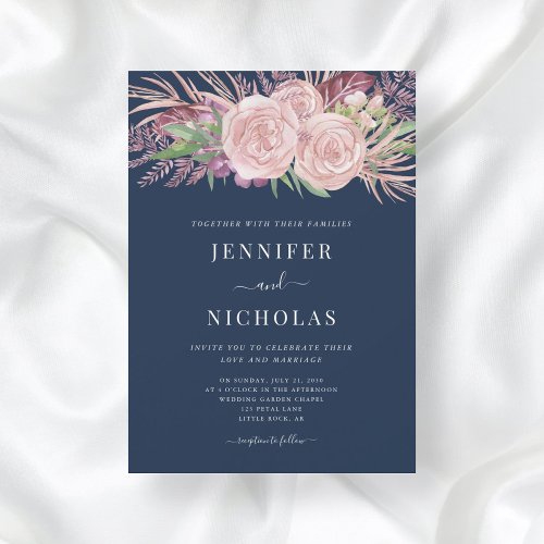 Floral Watercolor Blush Pink Navy Blue Wedding Invitation