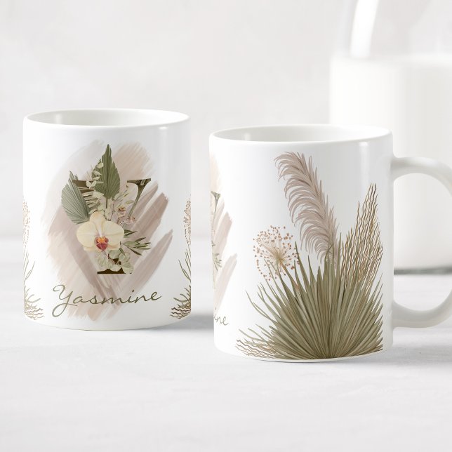 Floral Watercolor Boho Custom Monogram Name Coffee Mug (Creator Uploaded)