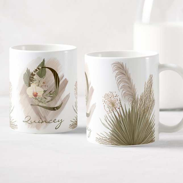 Floral Watercolor Boho Custom Monogram Name Coffee Mug (Creator Uploaded)
