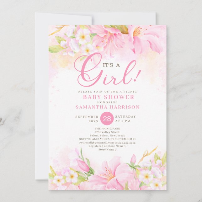 Floral Watercolor Boho Pink Picnic Baby Shower Invitation (Front)