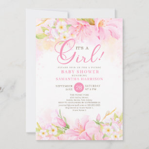 Floral Watercolor Boho Pink Picnic Baby Shower Invitation