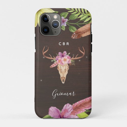 Floral Watercolor Boho Skull Antlers Feathers Name iPhone 11 Pro Case