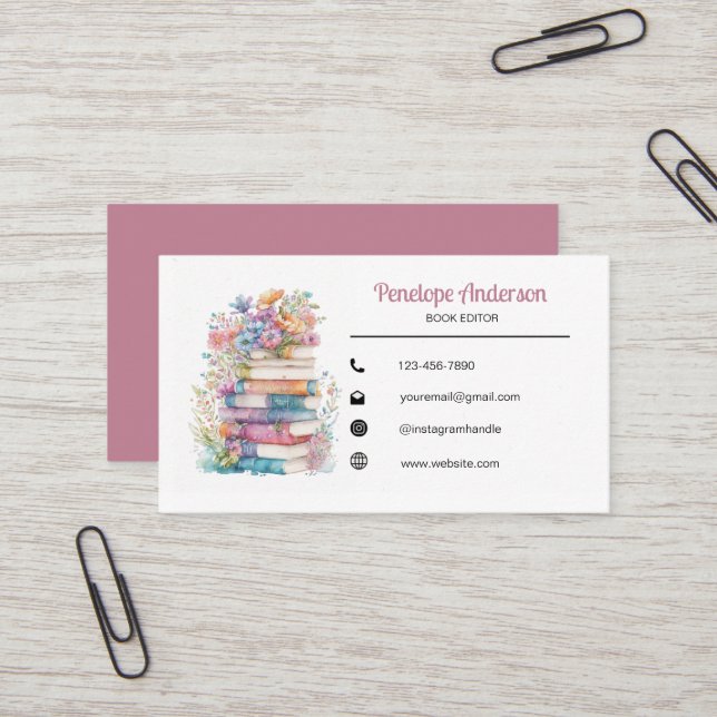 Floral Watercolor Books Business Card (Front/Back In Situ)