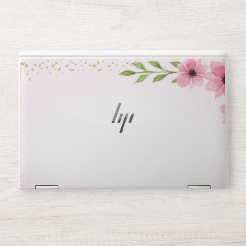 Floral Watercolor Border with gold confetti accent HP Laptop Skin