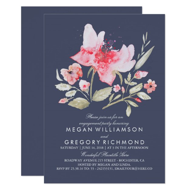 Floral Watercolor Botanical Navy Engagement Party Invitation